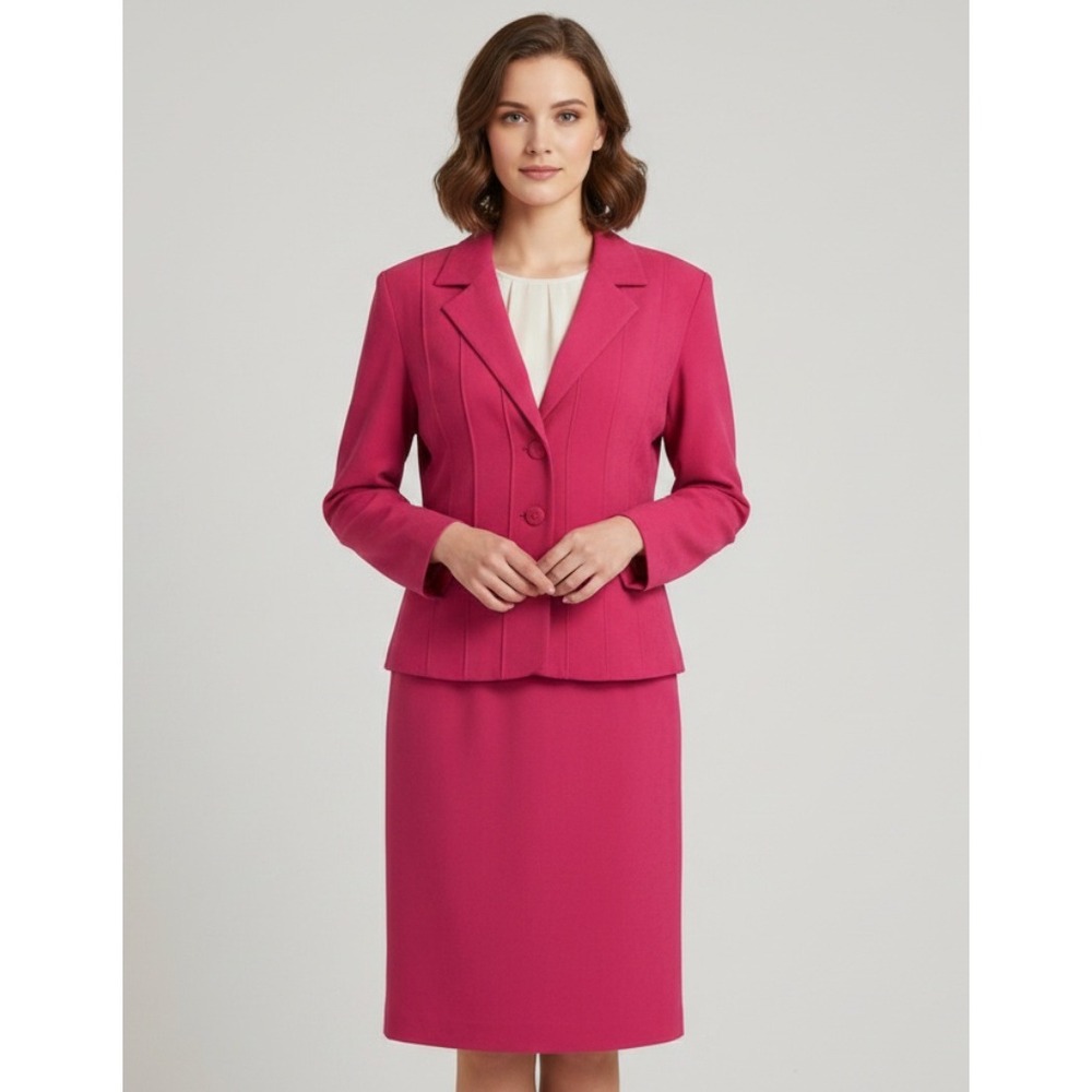 Vtg‎ LESLIE FAY Petite Magenta MICROSUEDE Button-Up Jacket/Skirt Outfit Suit 12P